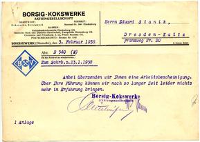 Borsig Kokswerke Arbeitsbescheinigung Biskupitz Hindenburg Zabrze