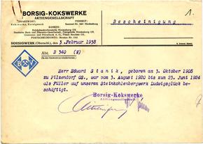 Borsig Kokswerke Arbeitsbescheinigung Biskupitz Hindenburg Zabrze